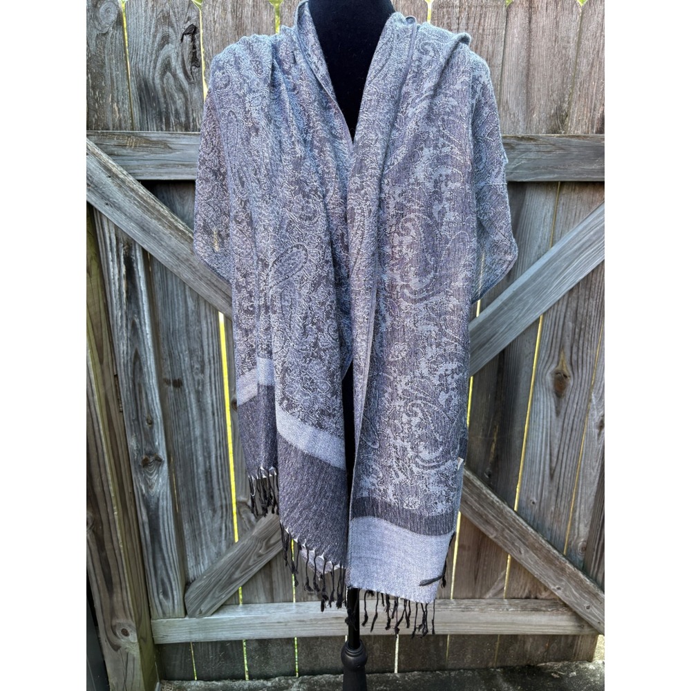 Pashmina Silk Blend Paisley Scarf Gray Black Jacquard Fringe Wrap 78x27